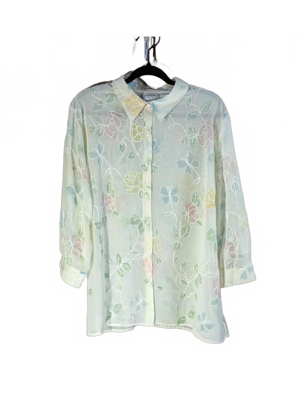 BonWorth Sheer Floral Embroidered Button-Up Blouse Size L